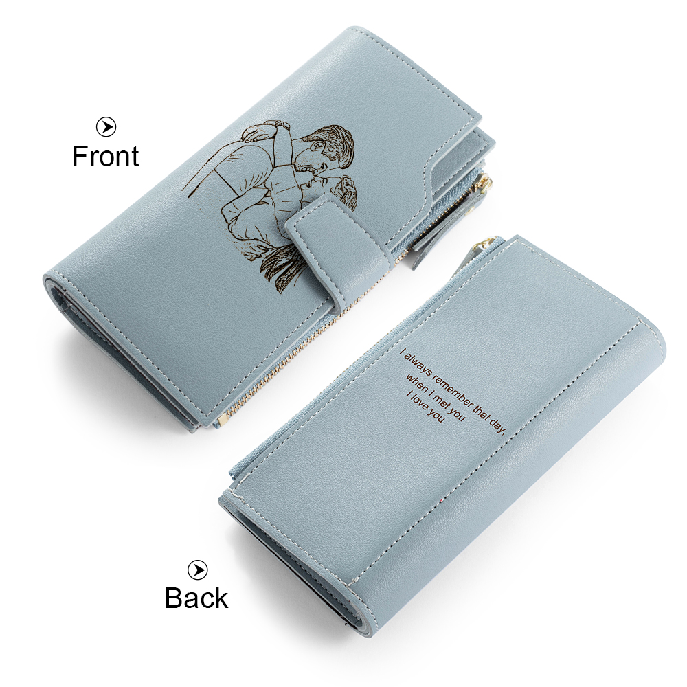 Blue Personalised Leather Wallet Engraved Photo Long Purse Gifts For Women-Jessemade AU
