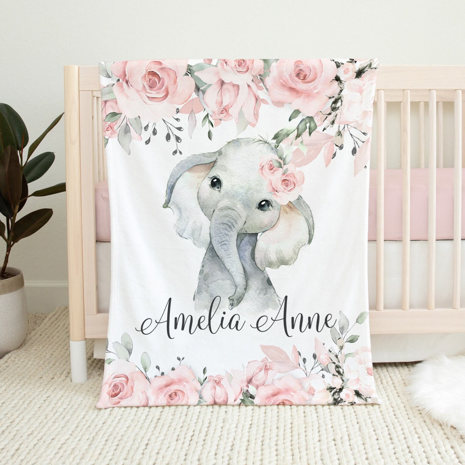 Personalised Pink Floral Elephant Blanket Custom Name Gifts For Baby Girl-Jessemade AU