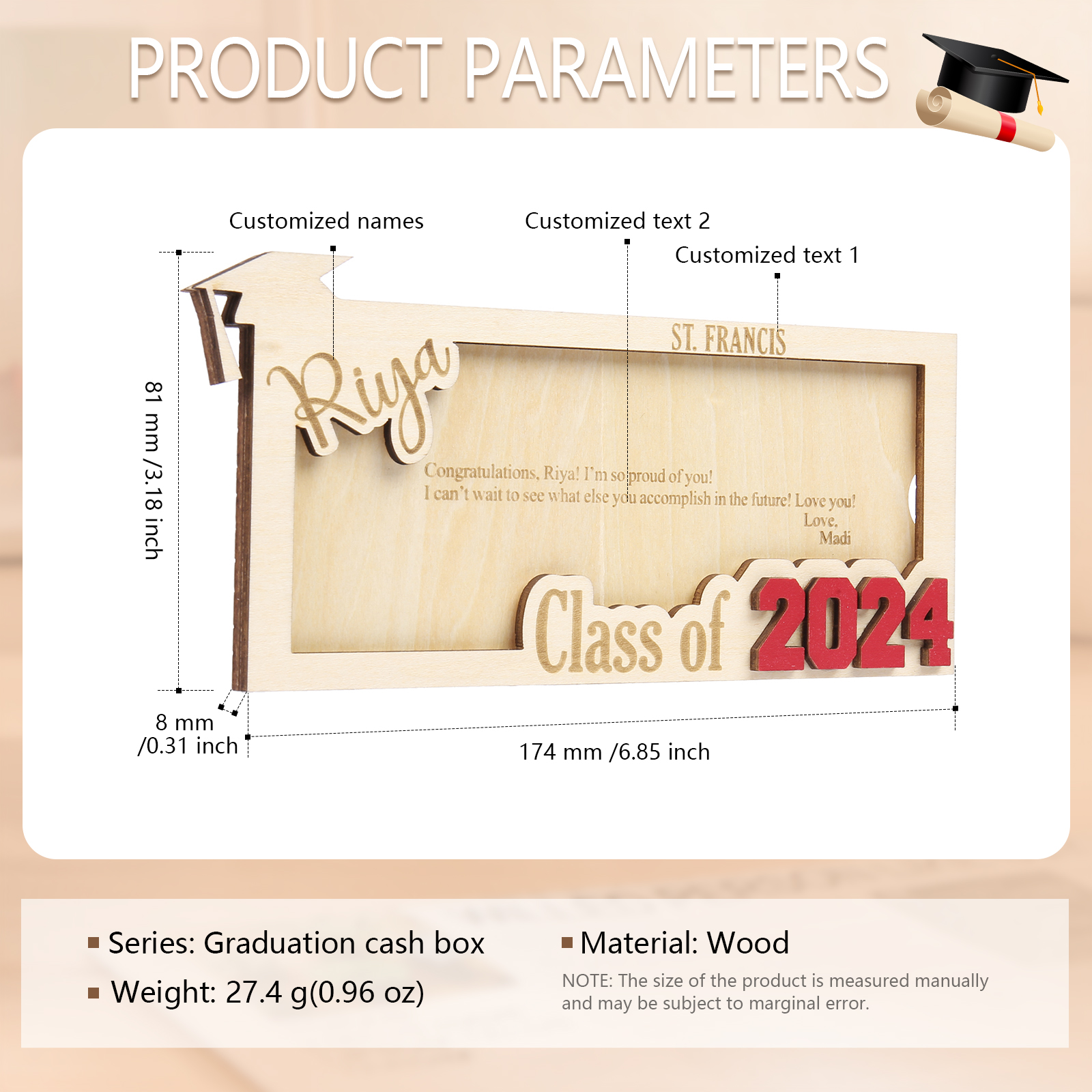 Class of 2024 Personalised Graduation Cash Clip Custom 1 Name & 2 Texts Cash Box Creative Gifts-Jessemade AU