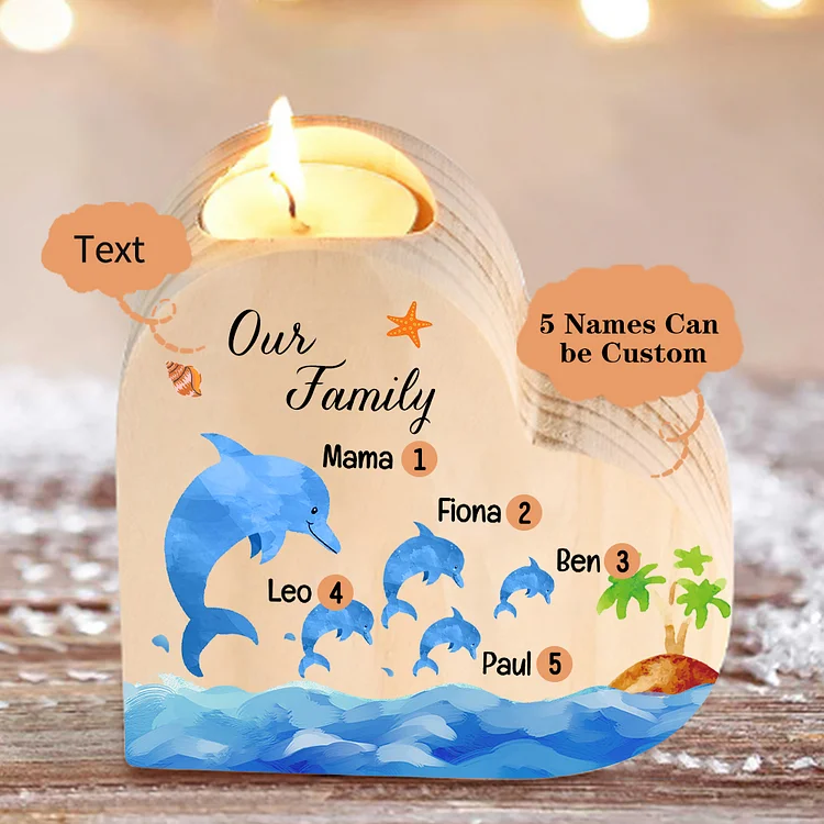 Family Dolphin Heart Candle Holder Personalised Wooden Candlestick Custom 5 Names-Jessemade AU