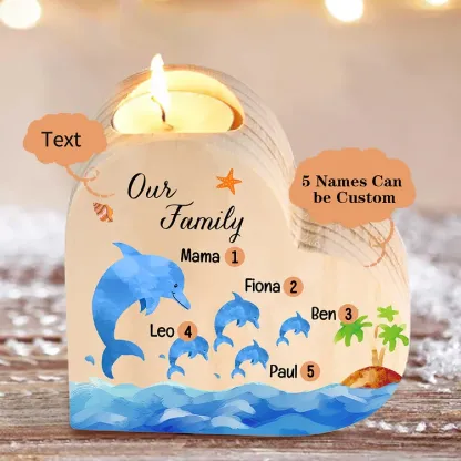 Family Dolphin Heart Candle Holder Personalised Wooden Candlestick Custom 5 Names-Jessemade AU