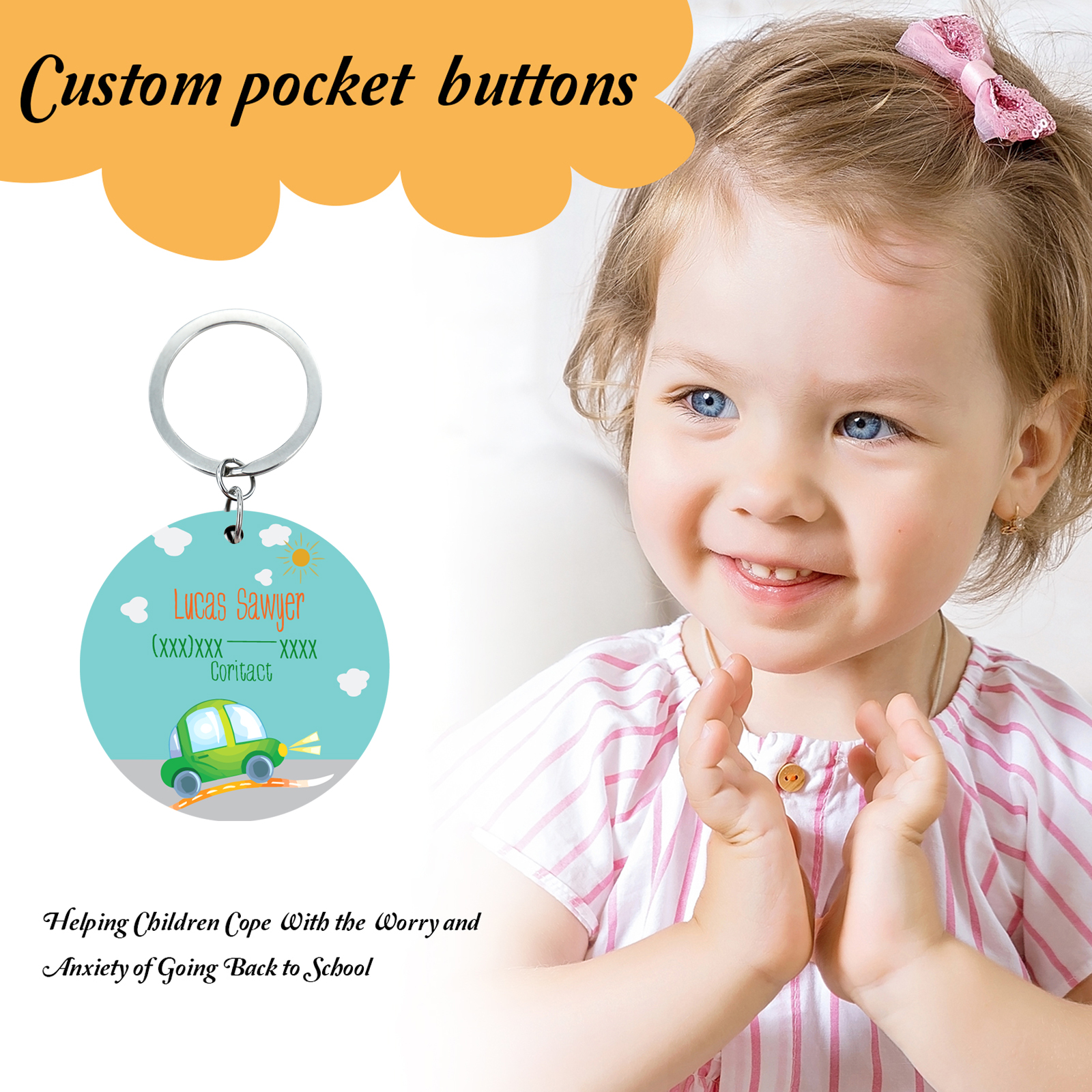 Customised Name and Phone Number Keychain Green Car Back-to-School Gift for Kids-Jessemade AU