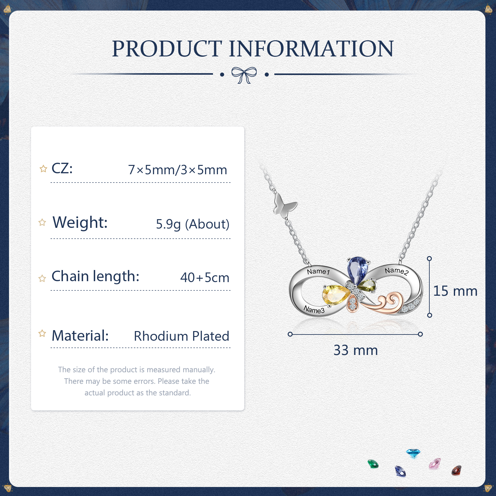 Personalised Infinity Butterfly Necklace With 3 Birthstones Engraved Names Gift For Women-Jessemade AU