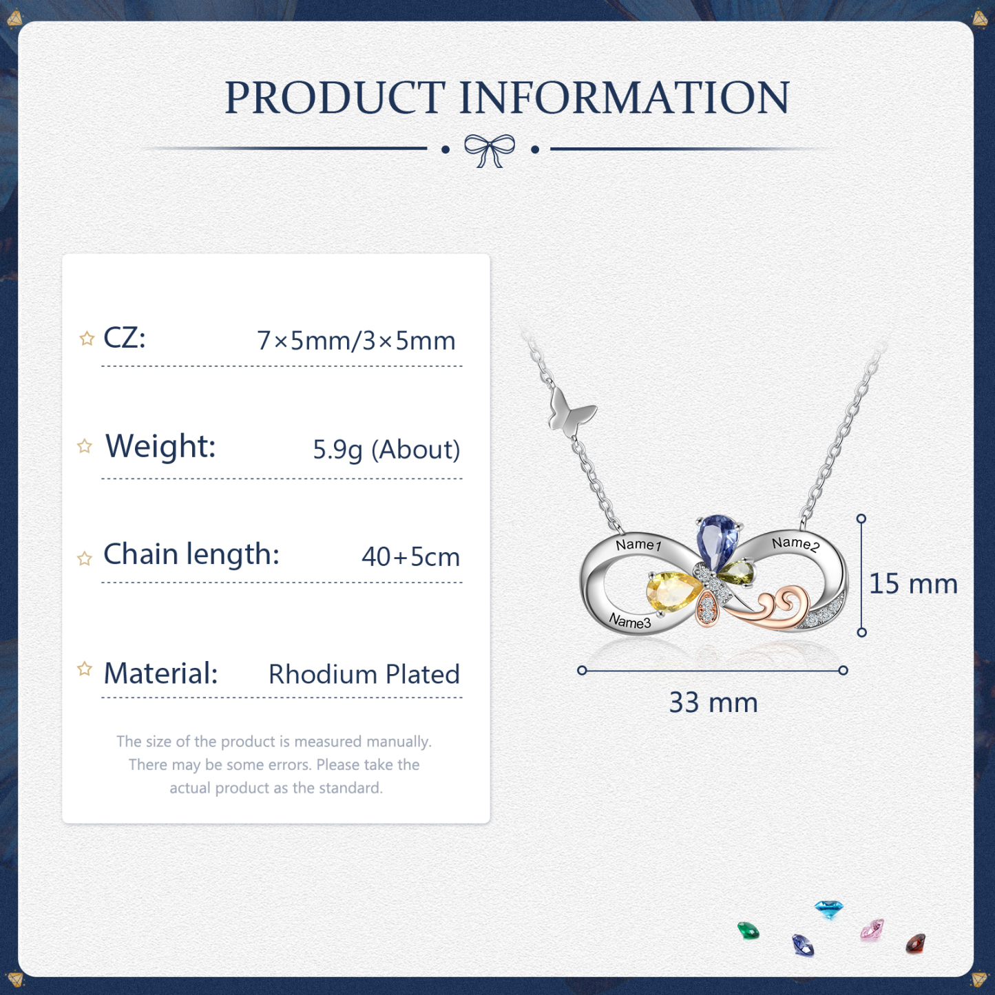 Personalised Infinity Butterfly Necklace With 3 Birthstones Engraved Names Gift For Women-Jessemade AU