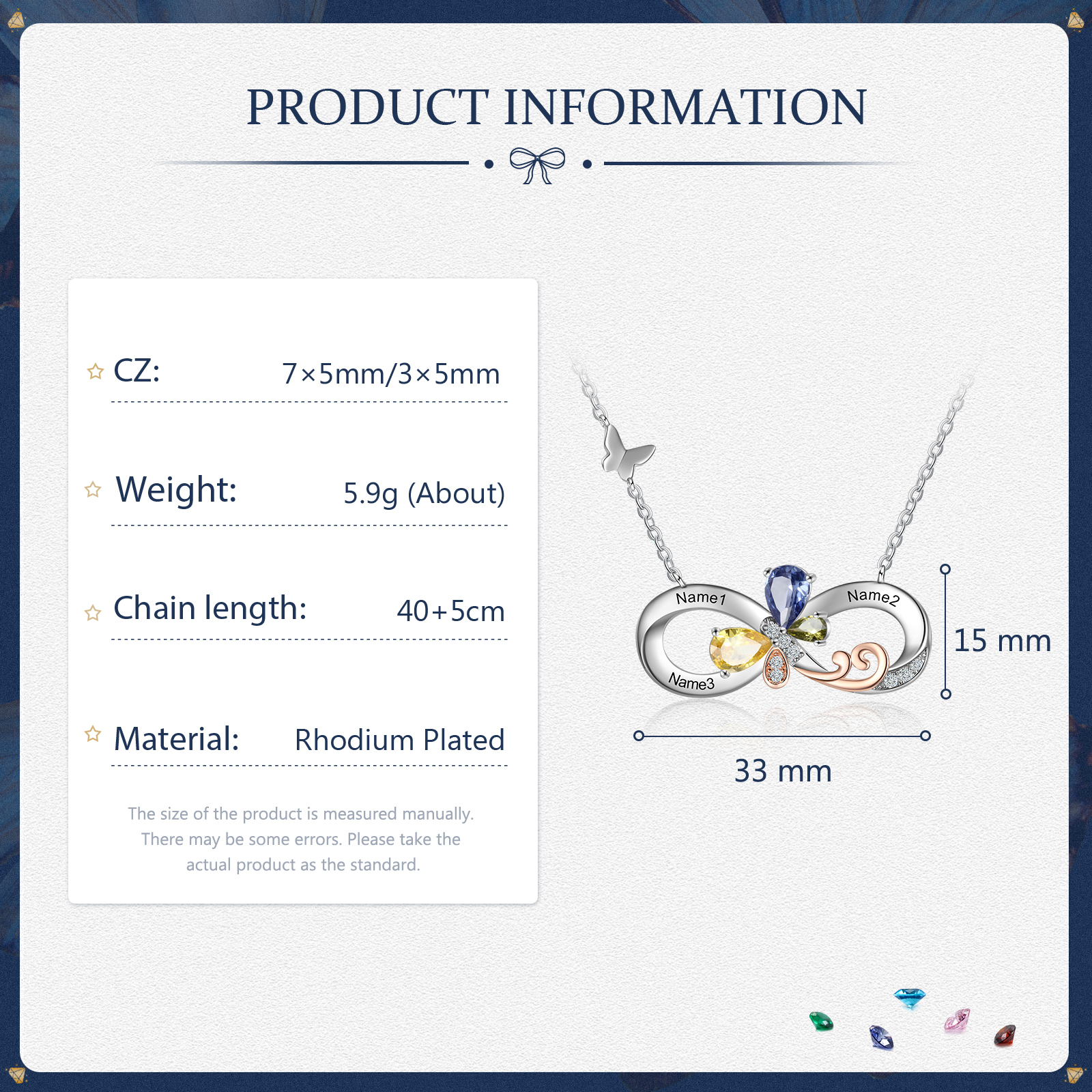 Personalised Infinity Butterfly Necklace With 3 Birthstones Engraved Names Gift For Women-Jessemade AU