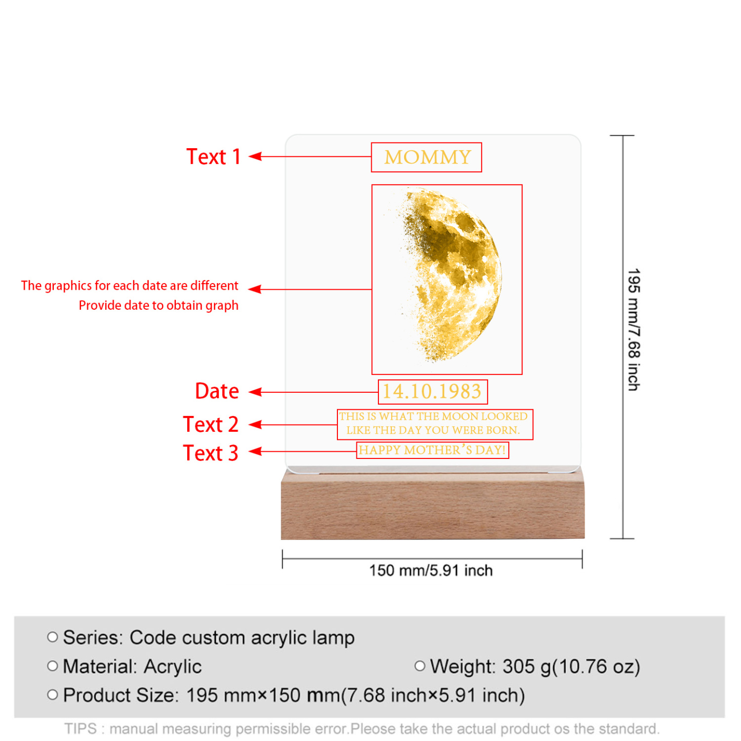 Personalised Acrylic Night Light Custom Date & Moon Phase & Text LED Lamp Gifts For Mother/Grandma-Jessemade AU