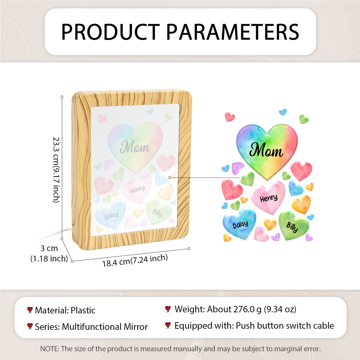 Personalised Night Light Mirror Frame Custom 1 Text & 3 Names Colourful Hearts Family LED Lamp Gift for Grandma/Mother-Jessemade AU
