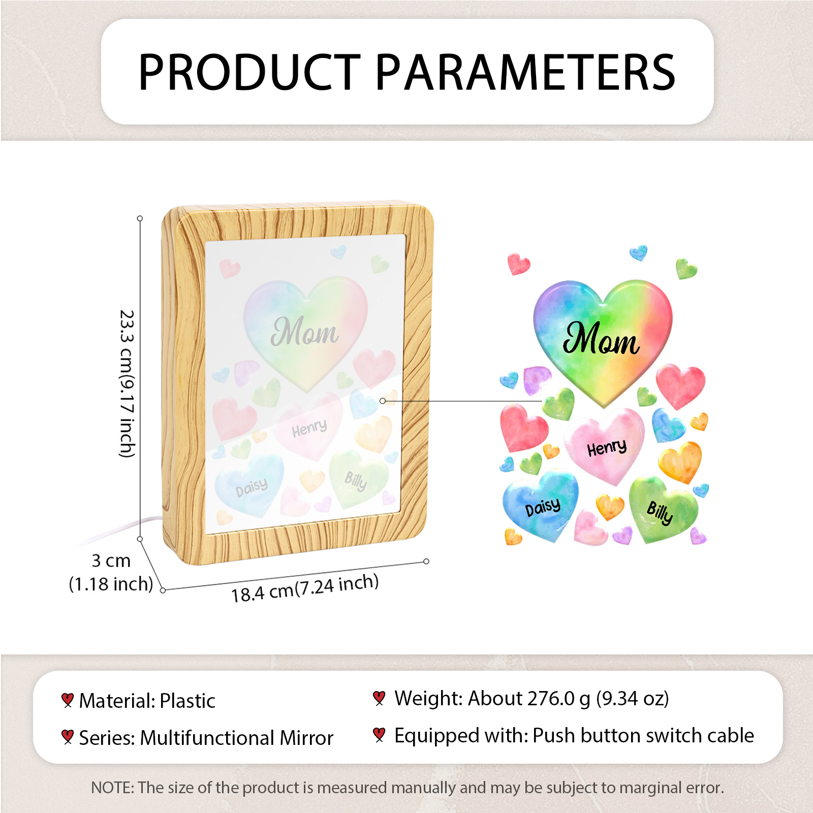 Personalised Night Light Mirror Frame Custom 1 Text & 3 Names Colourful Hearts Family LED Lamp Gift for Grandma/Mother-Jessemade AU