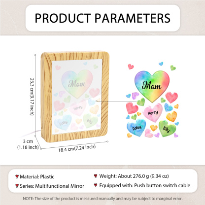 Personalised Night Light Mirror Frame Custom 1 Text & 3 Names Colourful Hearts Family LED Lamp Gift for Grandma/Mother-Jessemade AU