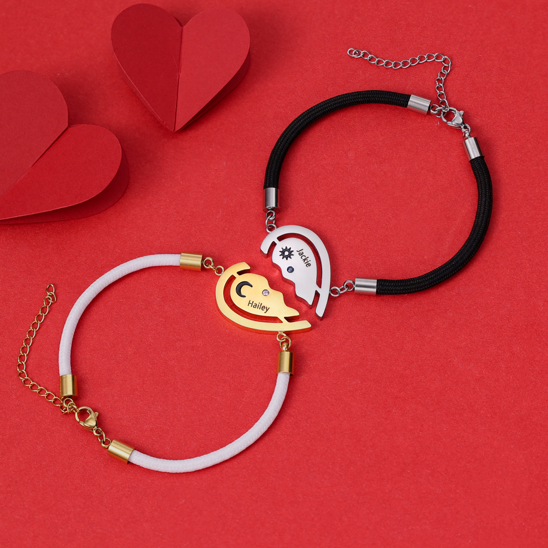 Valentine's Day Sun and Moon Magnetic Heart Bracelet with Birthstones Couple Bracelet Set-Jessemade AU
