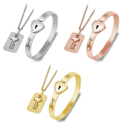 Key to My Heart Couple Key Necklace and Love Lock Bracelet Set-Jessemade AU