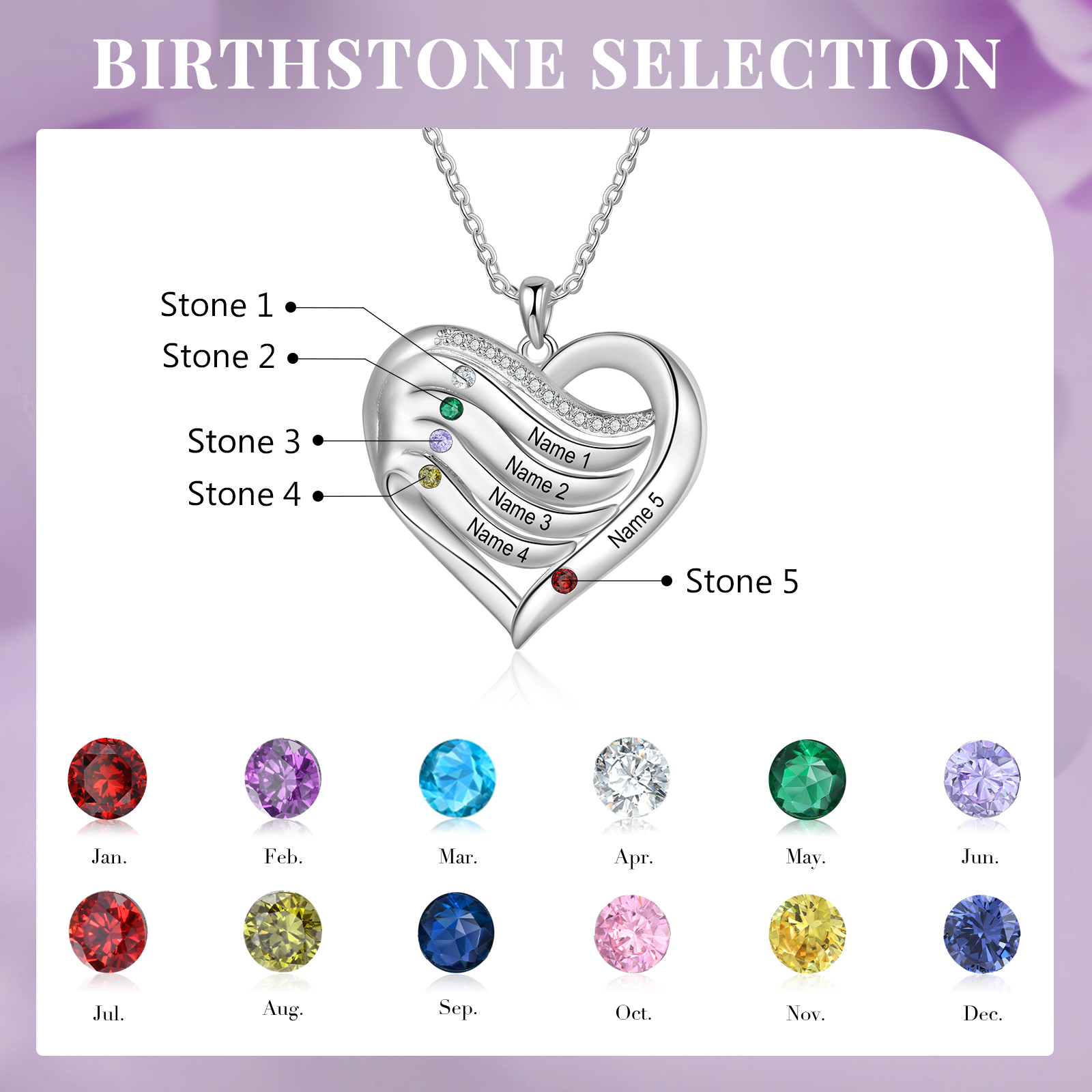 Personalised Intertwined Heart Pendant Necklace Custom 5 Birthstones & 5 Names Necklace Gifts for Her-Jessemade AU