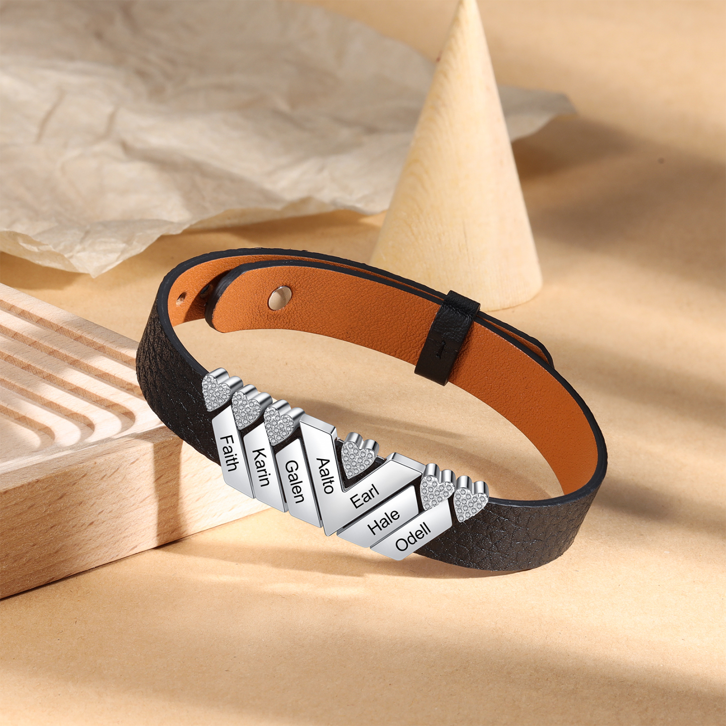 Customised Leather Bracelet with Beads Engraved 7 Names Bangle for Him-Jessemade AU