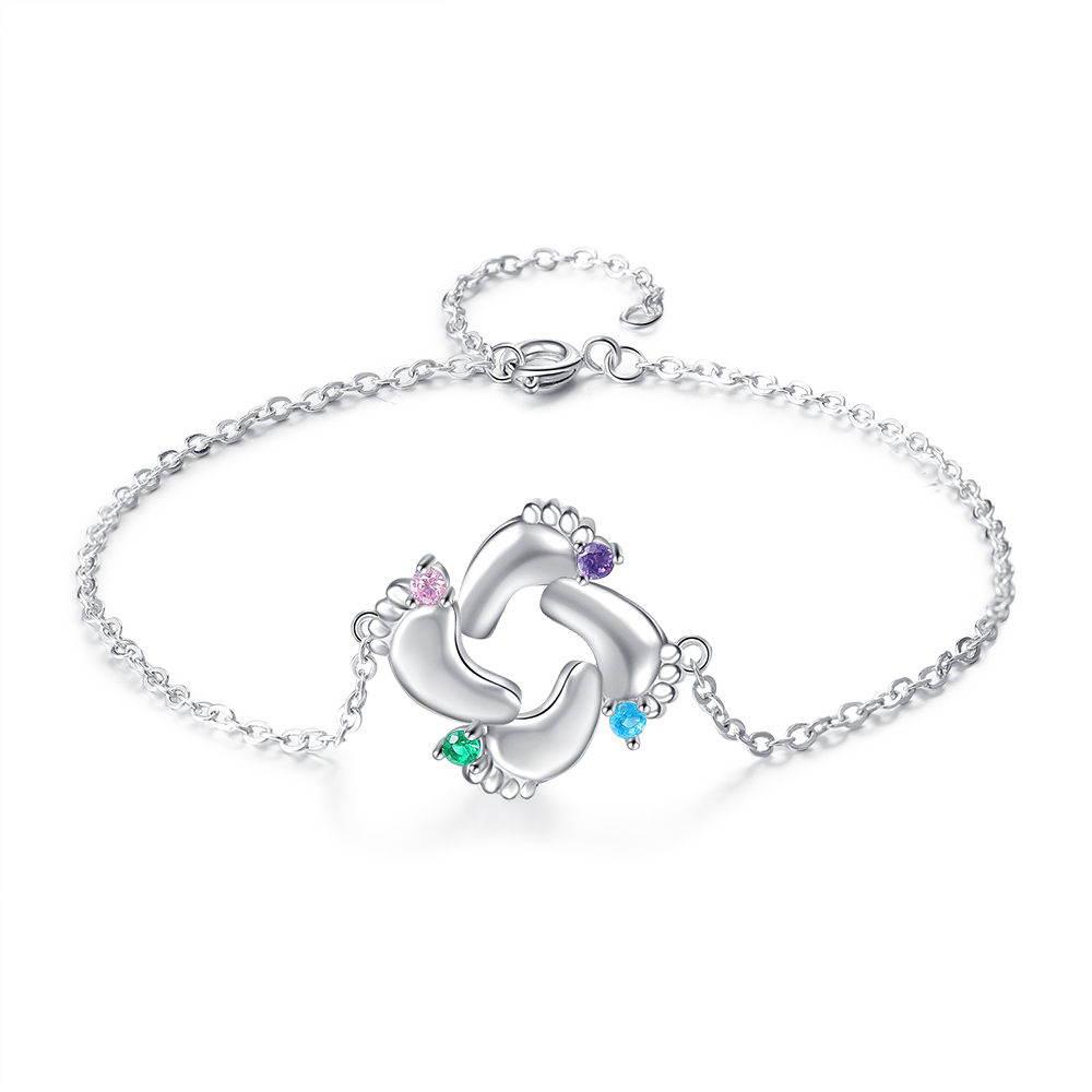 Personalised Baby Foot Necklace With 4 Birthstones Engraved Names Gift For Mother-Jessemade AU