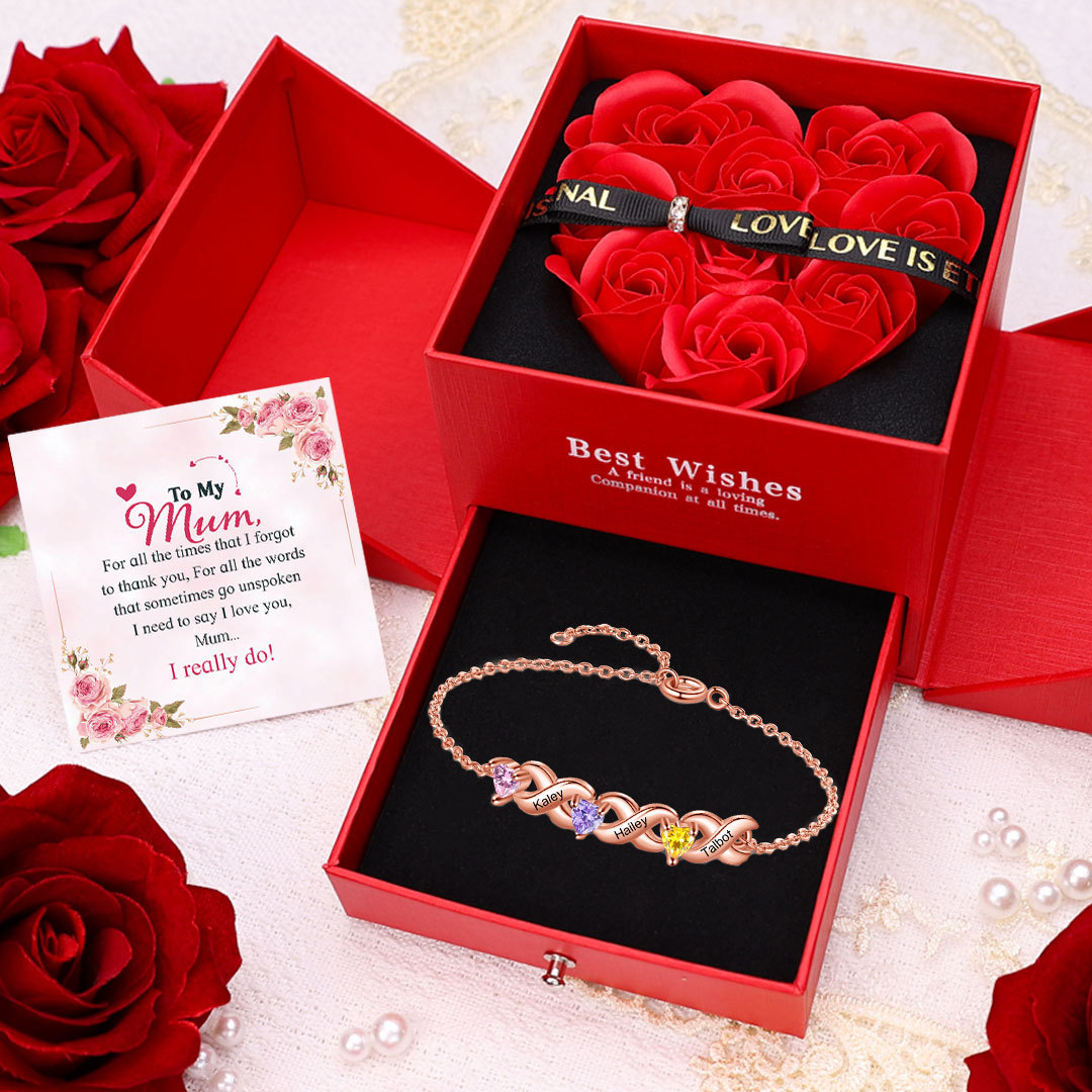 Family Custom Bracelet Heart Personalised with 3 Birthstones Gift Box Set-Jessemade AU