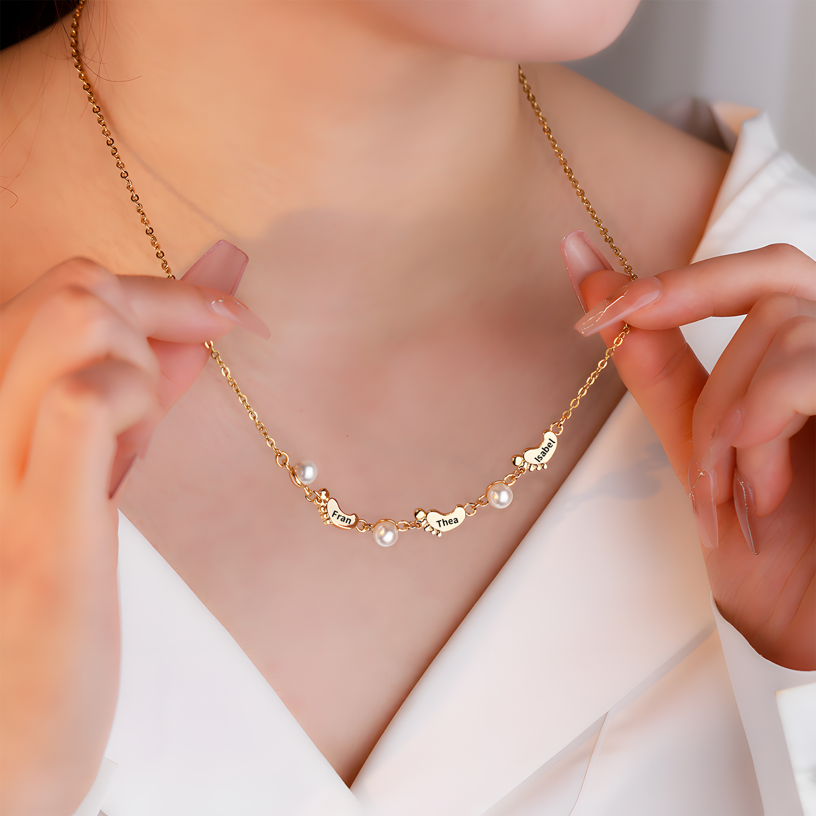 Personalised 3 Names Baby Feet Necklace Custom Pearl Necklace Mother's Day Gift for Her-Jessemade AU