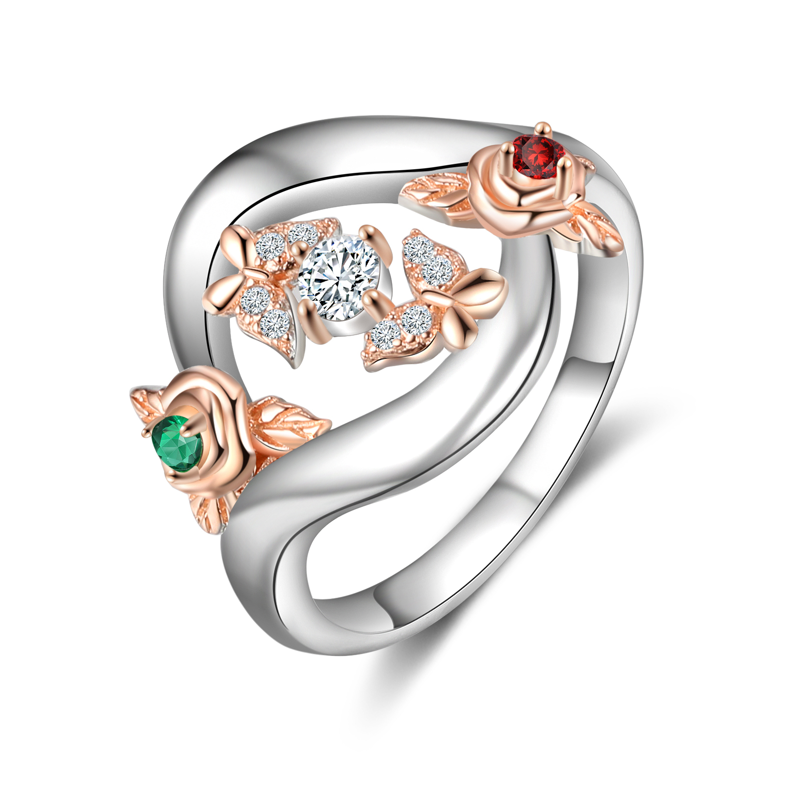 Personalised Rose Ring With 2 Birthstones Engraved Names Ring Gift For Women-Jessemade AU