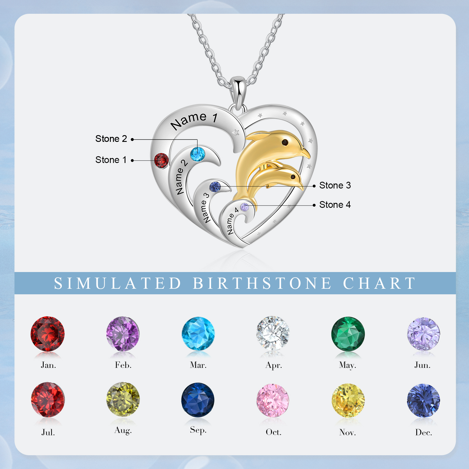 Personalised Heart Dolphin Pendant Necklace Custom 4 Birthstones Engraved 4 Names Necklace Gift for Her-Jessemade AU