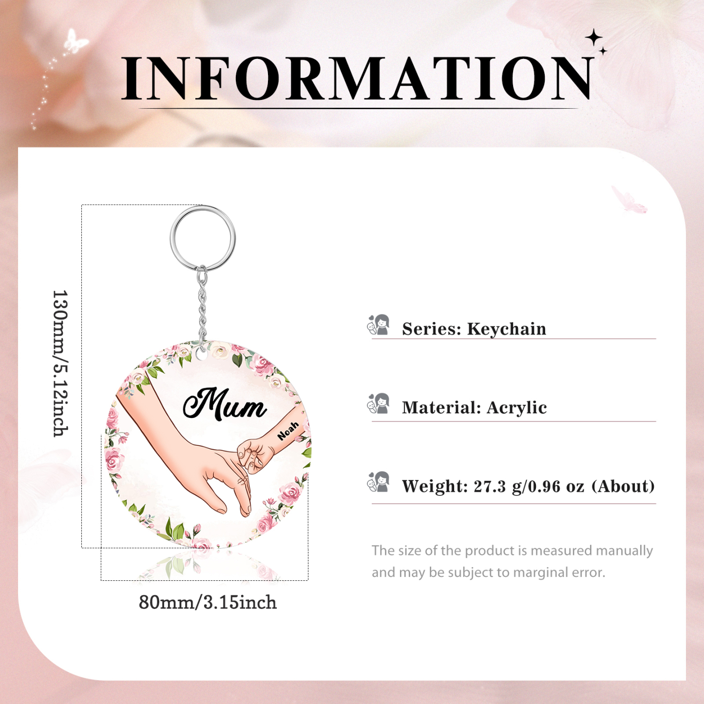 1 Name - Personalised Acrylic Keychain Custom 1 Text Holding Hands Family Hanging Ornaments Gift for Mum/Grandma-Jessemade AU