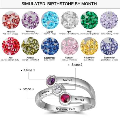 Personalised Ring With 3 Birthstones Engraved Names Ring Gift For Women-Jessemade AU
