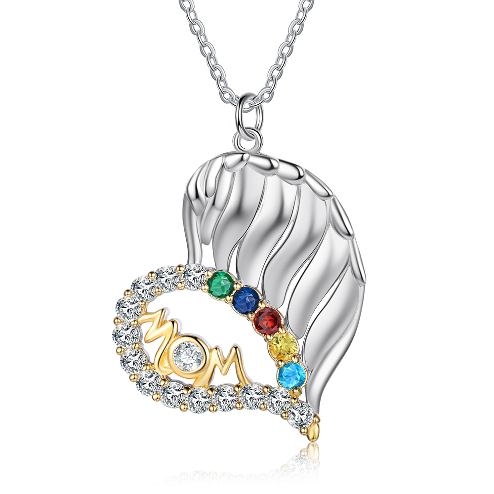 Personalised Heart Necklace With 5 Birthstones Engraved Names Gift For Mother-Jessemade AU
