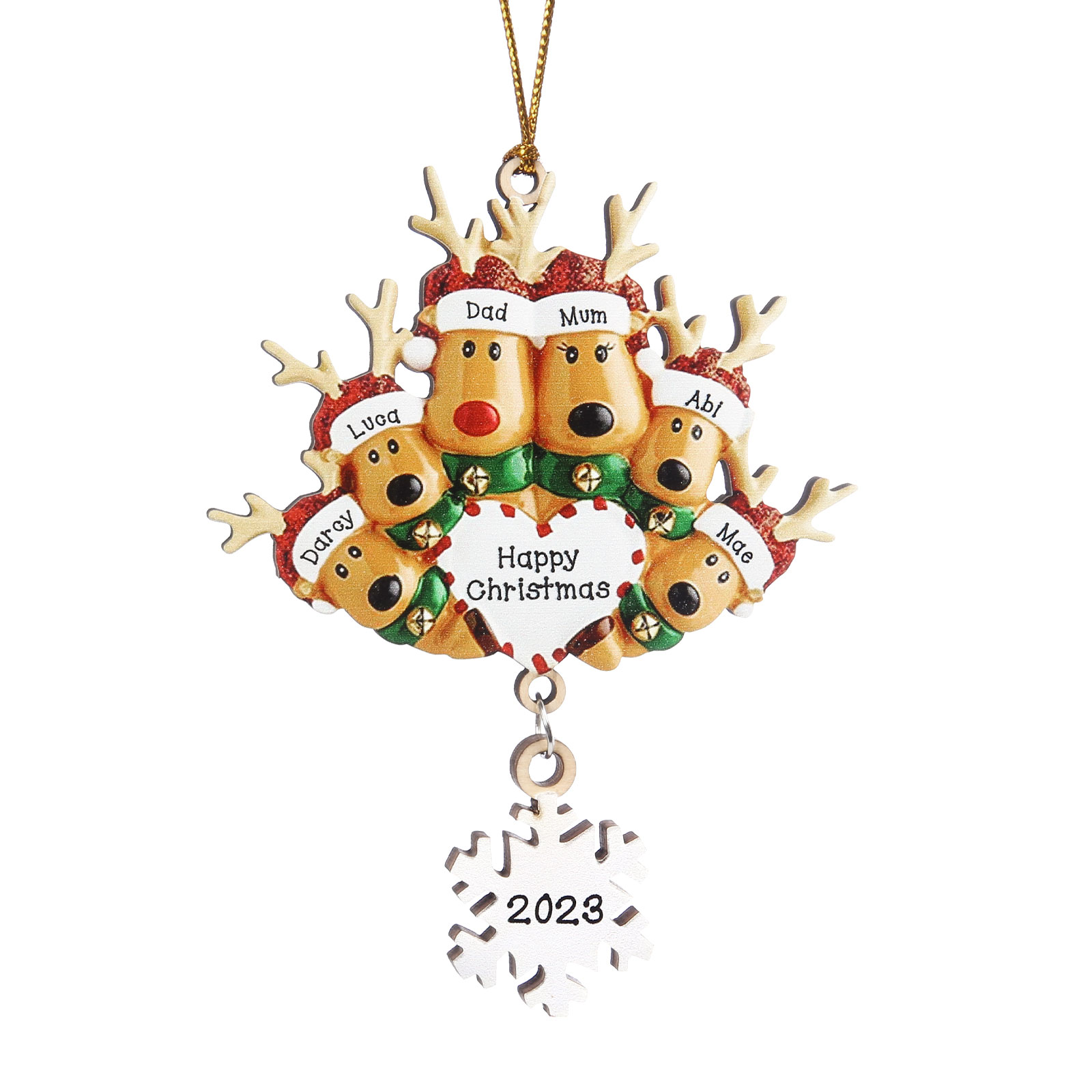 6 Names - Personalised Reindeer Christmas Ornament Customised Name & Text & Year Wooden Hanging Ornaments Christmas Gift for Family-Jessemade AU