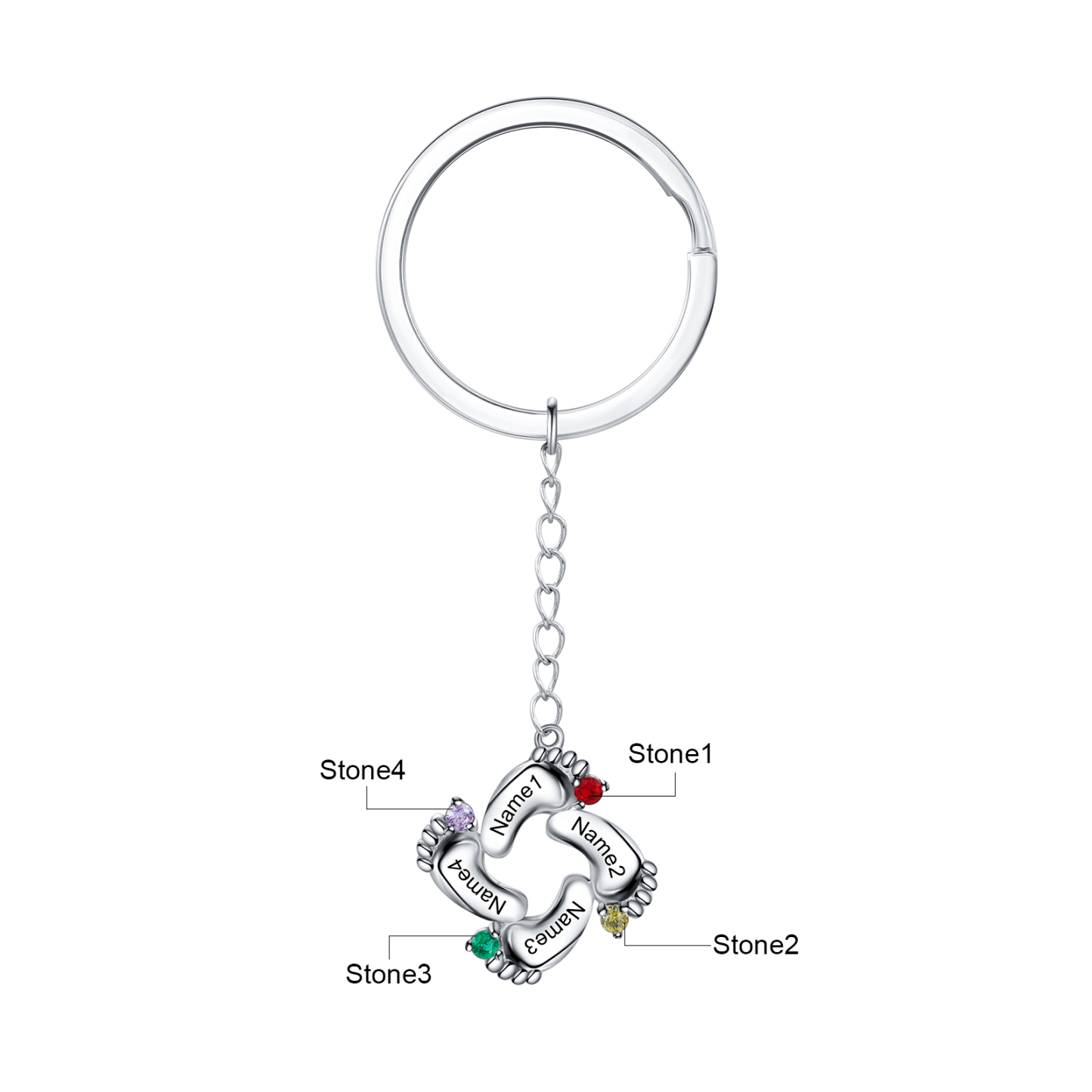 Personalised Baby Feet Keychain With 4 Birthstones Engraved names Keychain Gifts For Mother-Jessemade AU