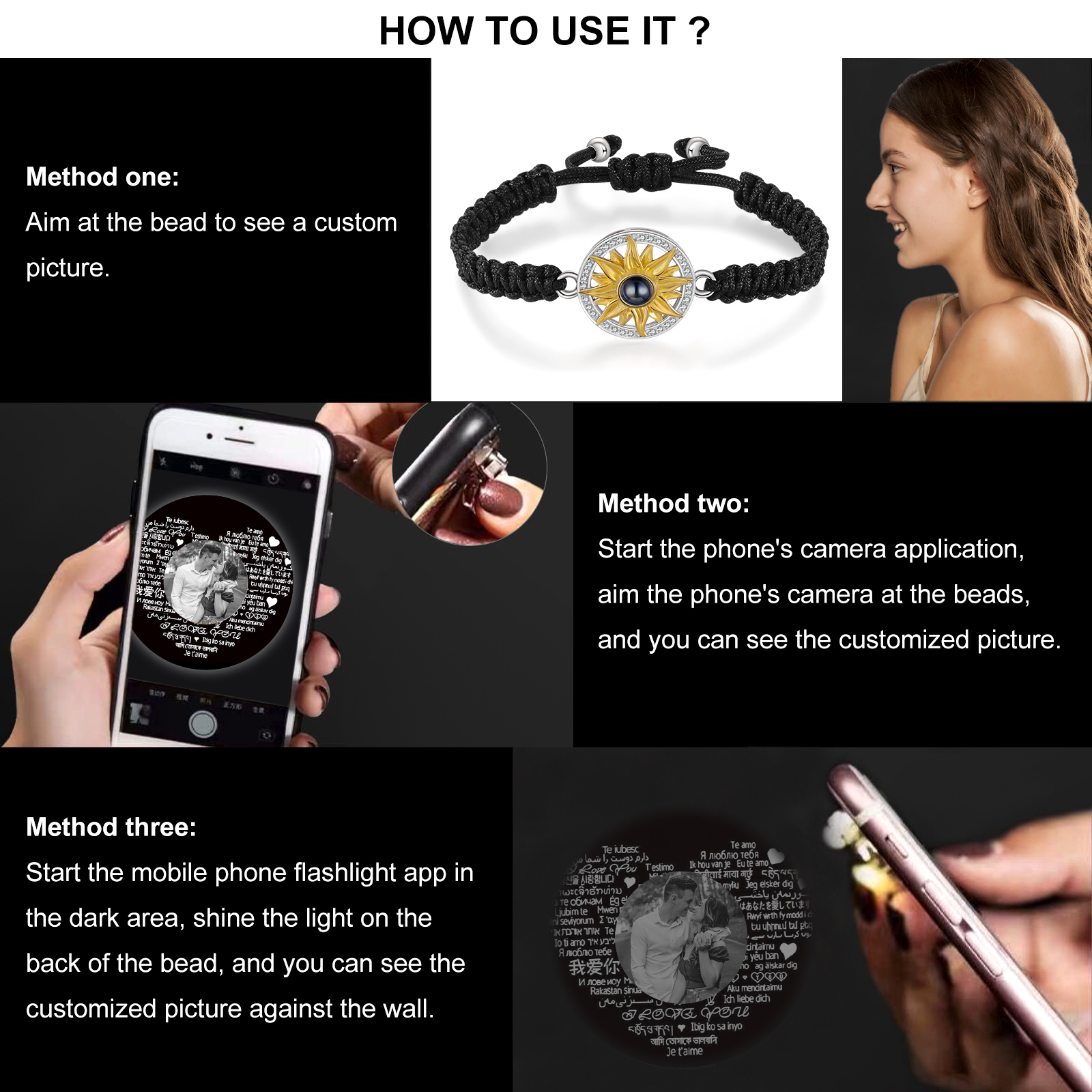 Personalised Projection Weave Bracelet Customised Black & White Photo Copywriting Bracelet Adjustable Bracelet Personalised Gift for Couples-Jessemade AU