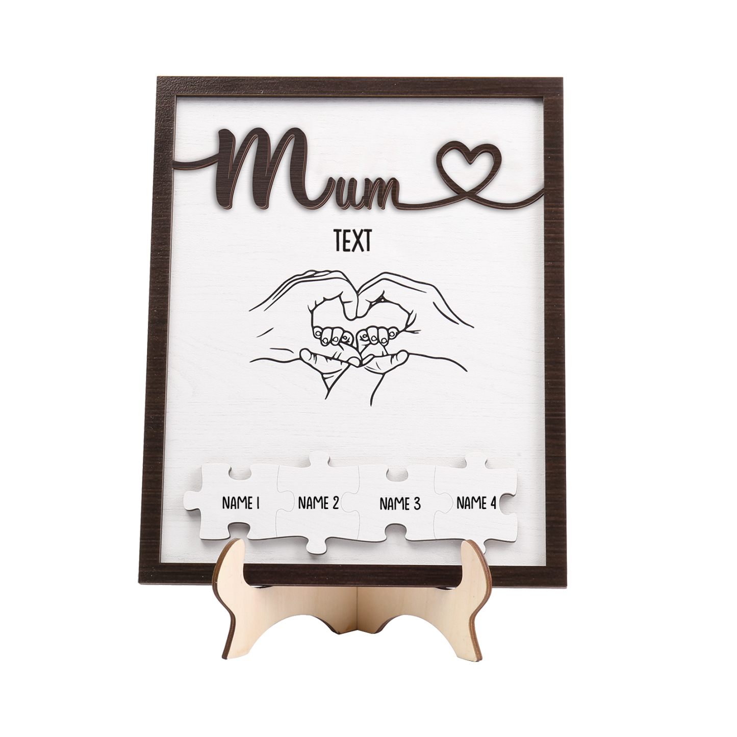 Personalised Puzzle Pieces Wooden Plaque Custom 4 Names & Text & Salutation Holding Hands Family Wooden Sign With Stand Gifts for Mum-Jessemade AU