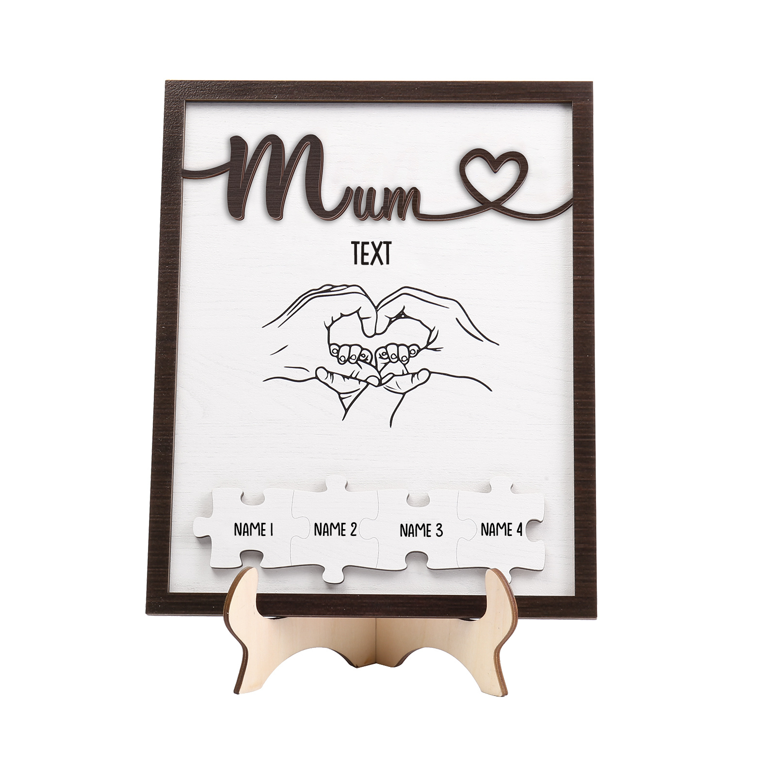 Personalised Puzzle Pieces Wooden Plaque Custom 4 Names & Text & Salutation Holding Hands Family Wooden Sign With Stand Gifts for Mum-Jessemade AU