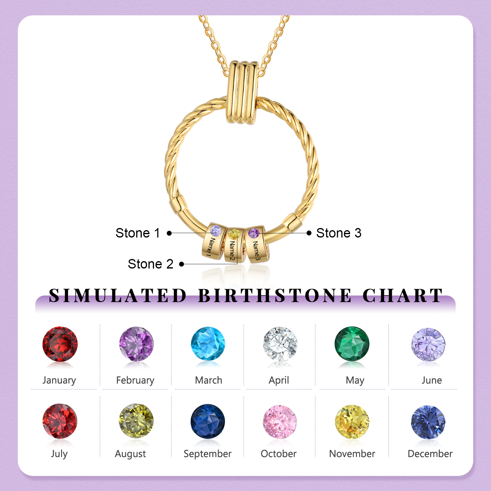 3 Names - Personalised Circle Pendant Necklace Custom Birthstones & Names Necklace Birthday Gift for Her-Jessemade AU