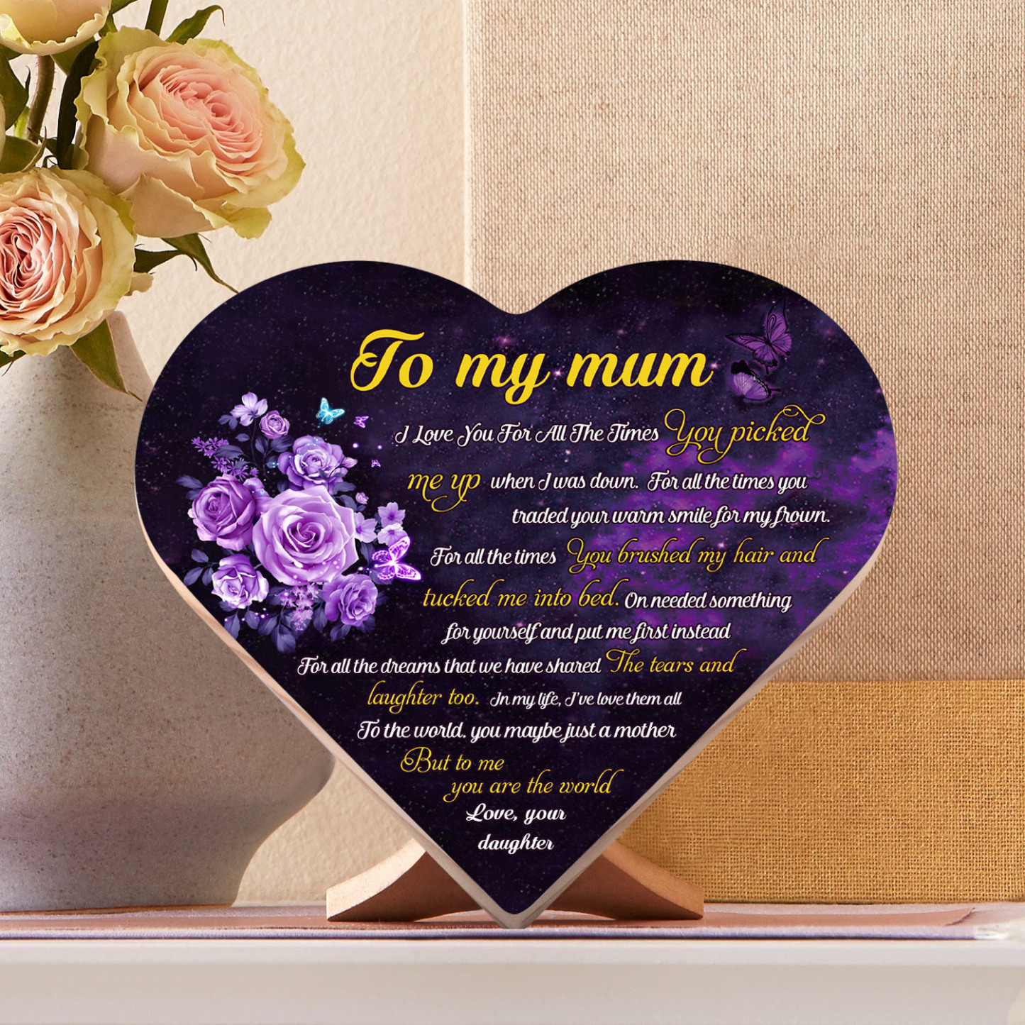 To My Mum Wooden Flowers Heart Keepsake Desktop Ornament Mothers Gifts-Jessemade AU