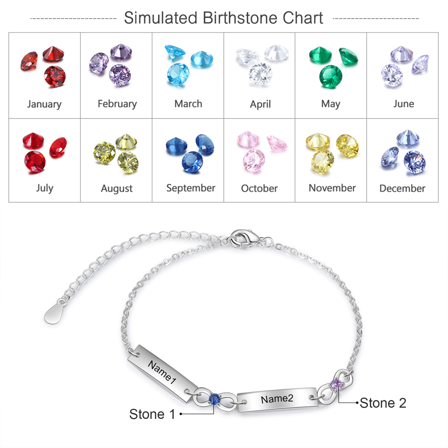 Personalised Bracelet With 2 Birthstones Engraved Names Bracelet Gift For Women-Jessemade AU
