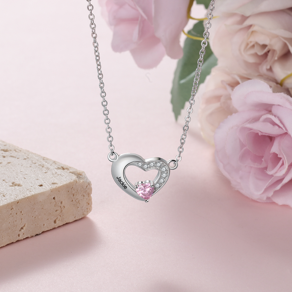 Personalised Heart Necklace with Birthstone Engraved Name Gifts for Her-Jessemade AU