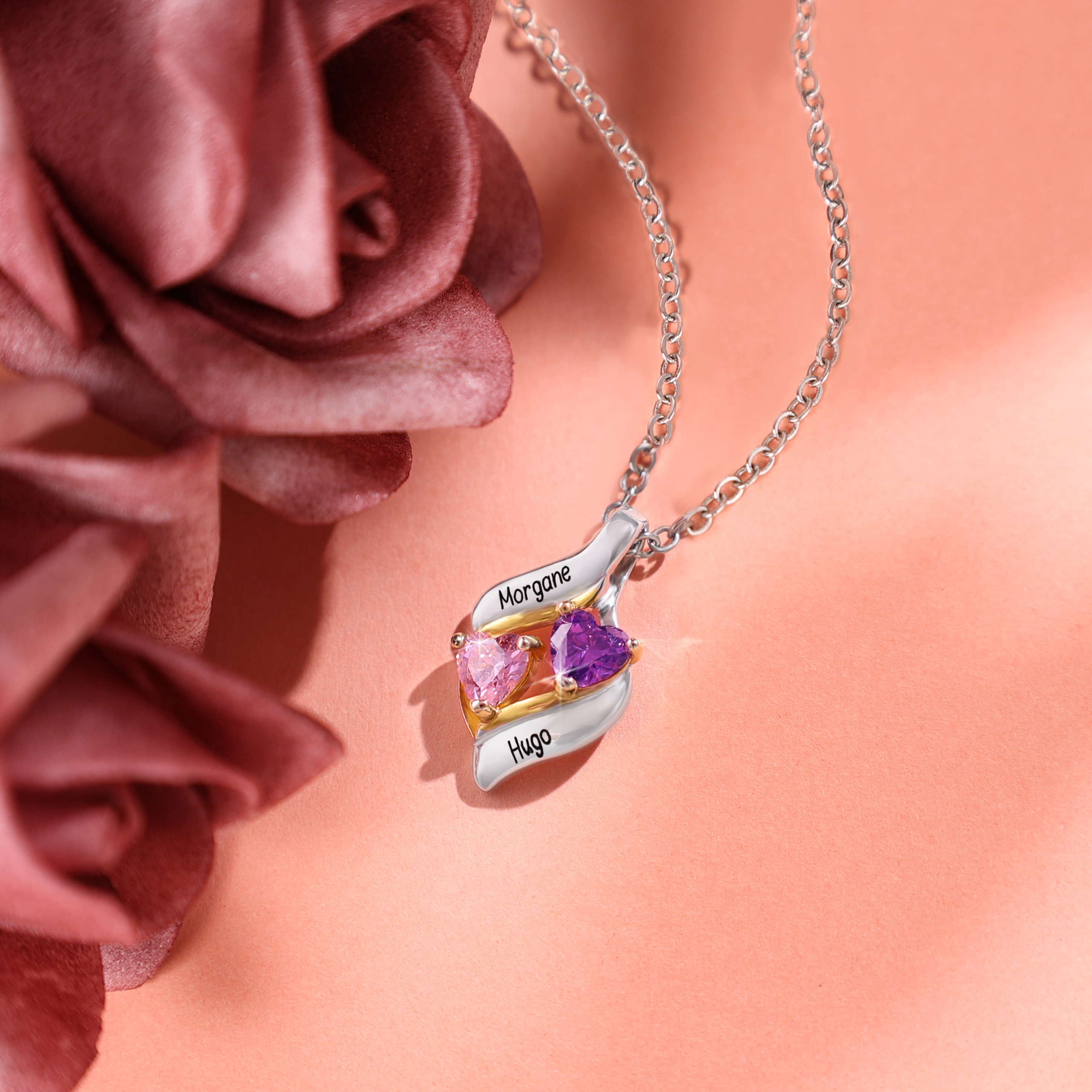 Personalised S925 Necklace With 2 Heart Birthstones Engraved Names Gift For Her-Jessemade AU