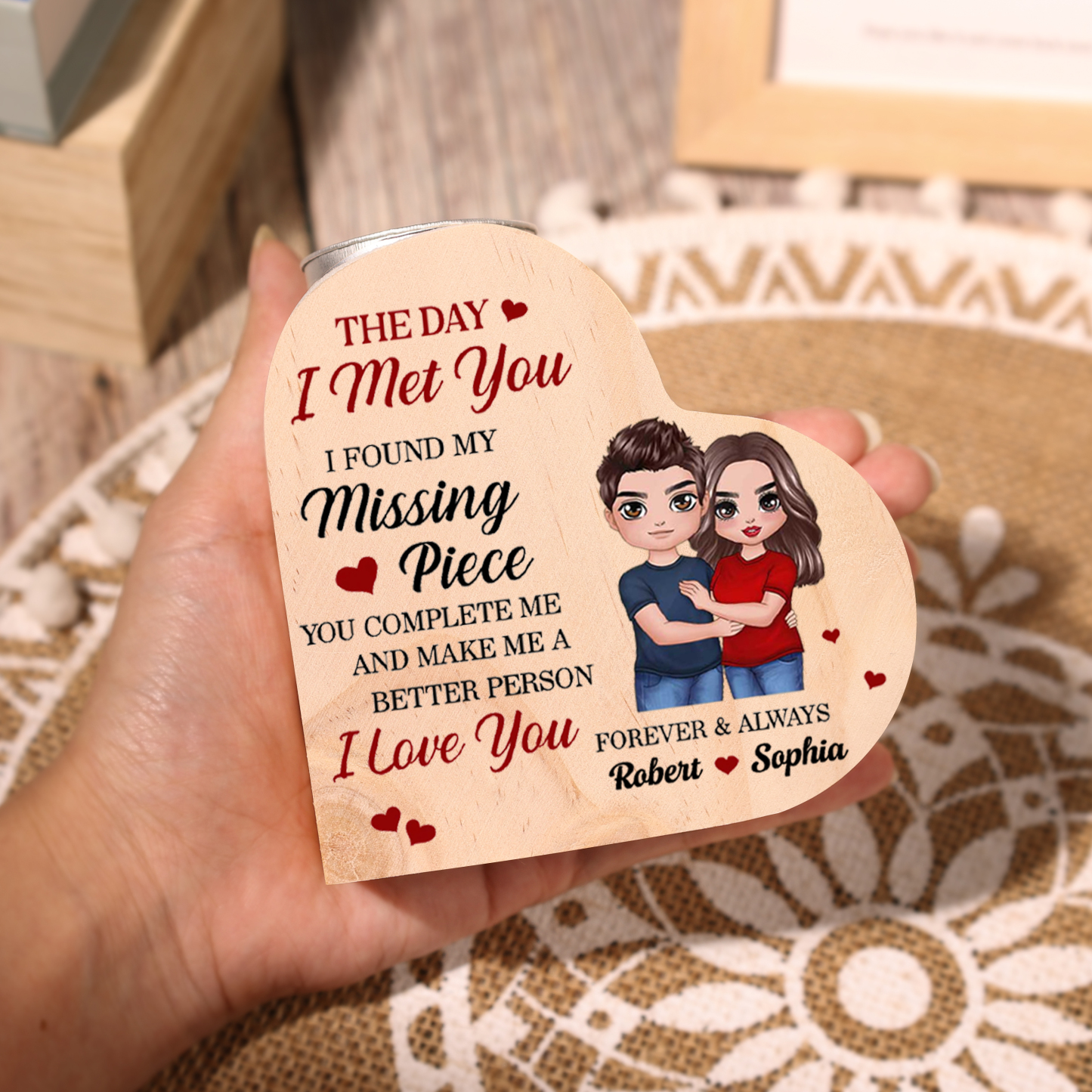 "I FOUND MY Missing Piece" Couple Heart Candle Holder Wooden Candlesticks Valentines Gift-Jessemade AU