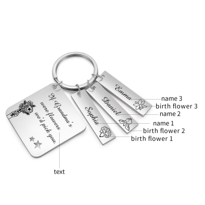 Personalised 3 Names & 3 Birth Flowers Keychain Custom Text Family Keychain Gifts for Mother/Grandma-Jessemade AU