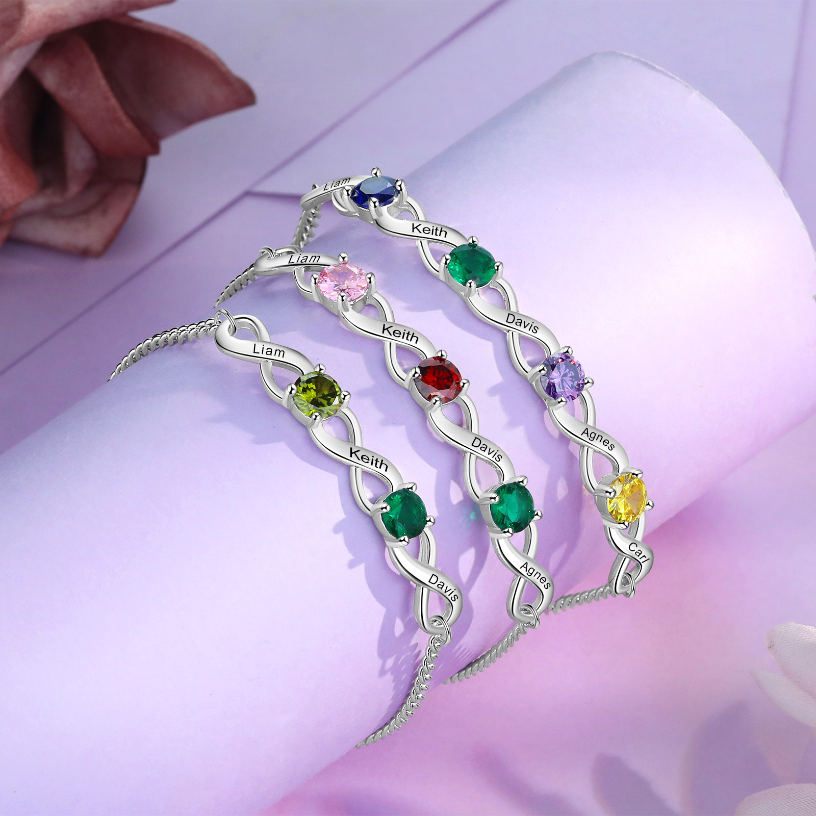 Personalised Infinity Bracelet Custom 4 Birthstones & 5 Names Bracelet Birthday Gift for Her-Jessemade AU