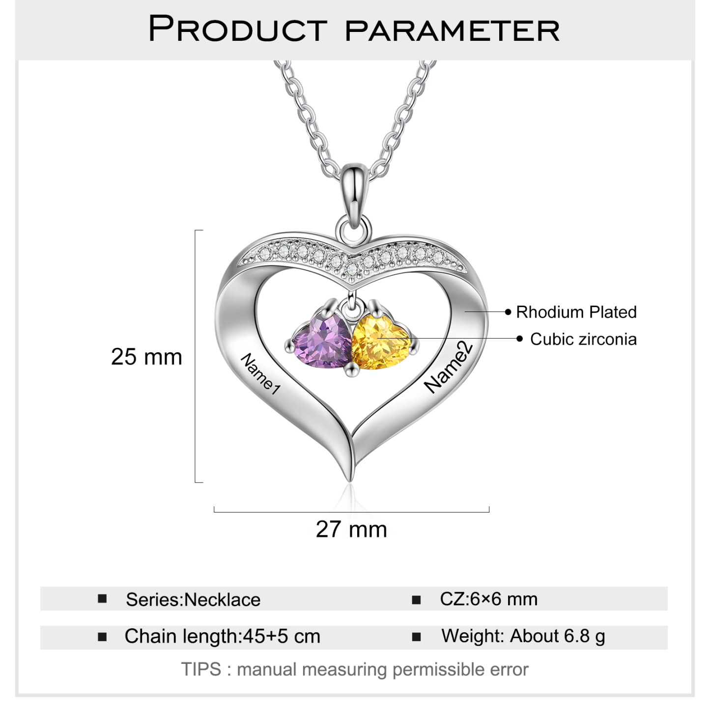 Personalised Heart Pendant Necklace with 2 Birthstones Engraved Names Family Necklace Gifts for Her-Jessemade AU