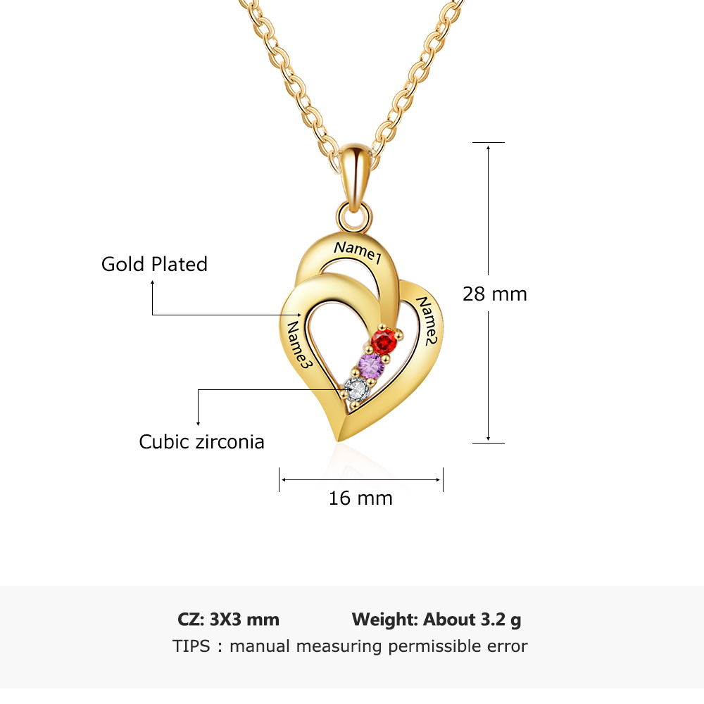 Personalised Heart Necklace With 3 Birthstones Engraved Names Gift For Her-Jessemade AU