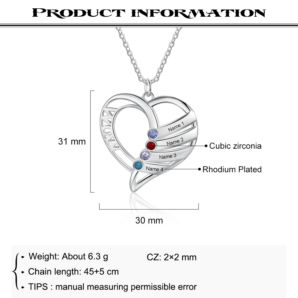 Personalised Heart Necklace With 4 Birthstones Engraved Names Gift For Mother-Jessemade AU