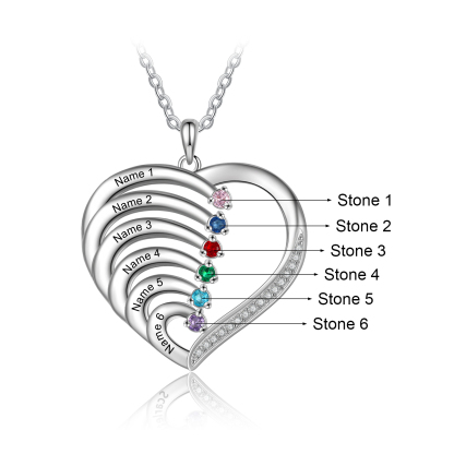 Personalised Mother Necklace 6 Stones Engraved 6 Names Birthstone Intertwined Heart Pendant Gifts for Her-Jessemade AU