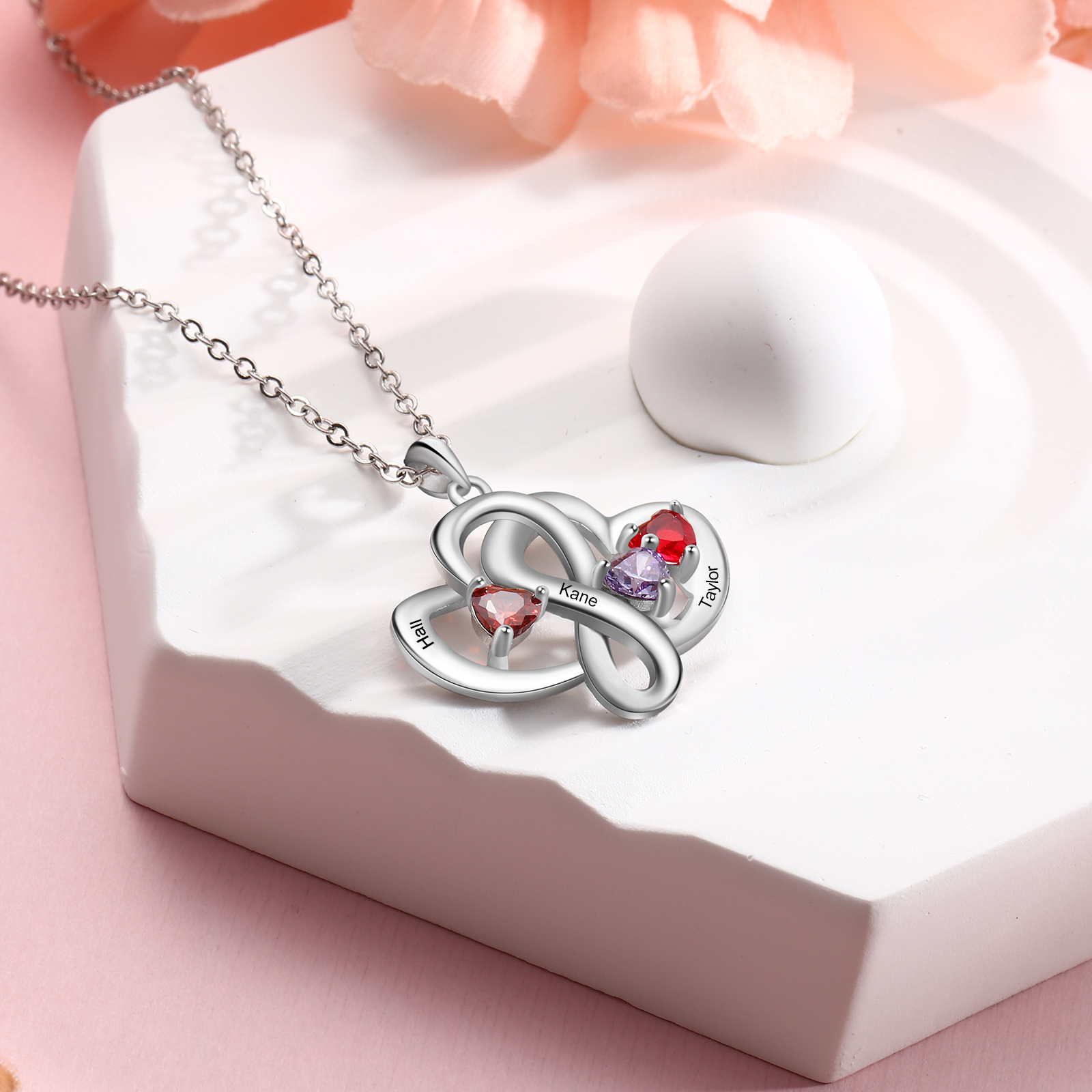 Personalised Double Hearts Birthstone Necklace With Engraving 3 Names For Lover-Jessemade AU