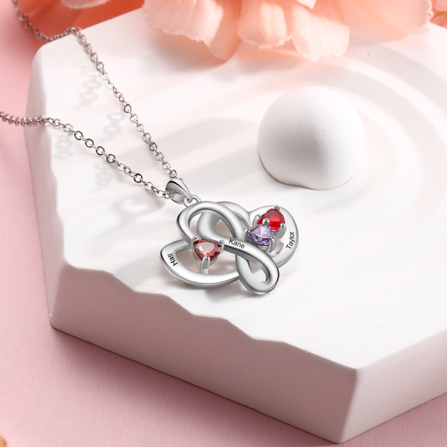 Personalised Double Hearts Birthstone Necklace With Engraving 3 Names For Lover-Jessemade AU
