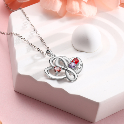 Personalised Double Hearts Birthstone Necklace With Engraving 3 Names For Lover-Jessemade AU