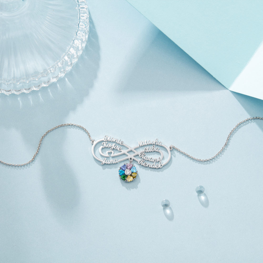Personalised Infinity Necklace With 7 Birthstones Engraved Names Necklace Gift For Women-Jessemade AU