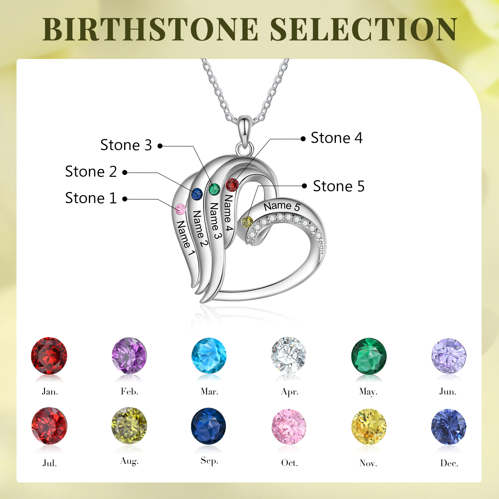 Personalised Heart Pendant Necklace Custom 5 Birthstones Engraved 5 Names Necklace Gift for Her-Jessemade AU