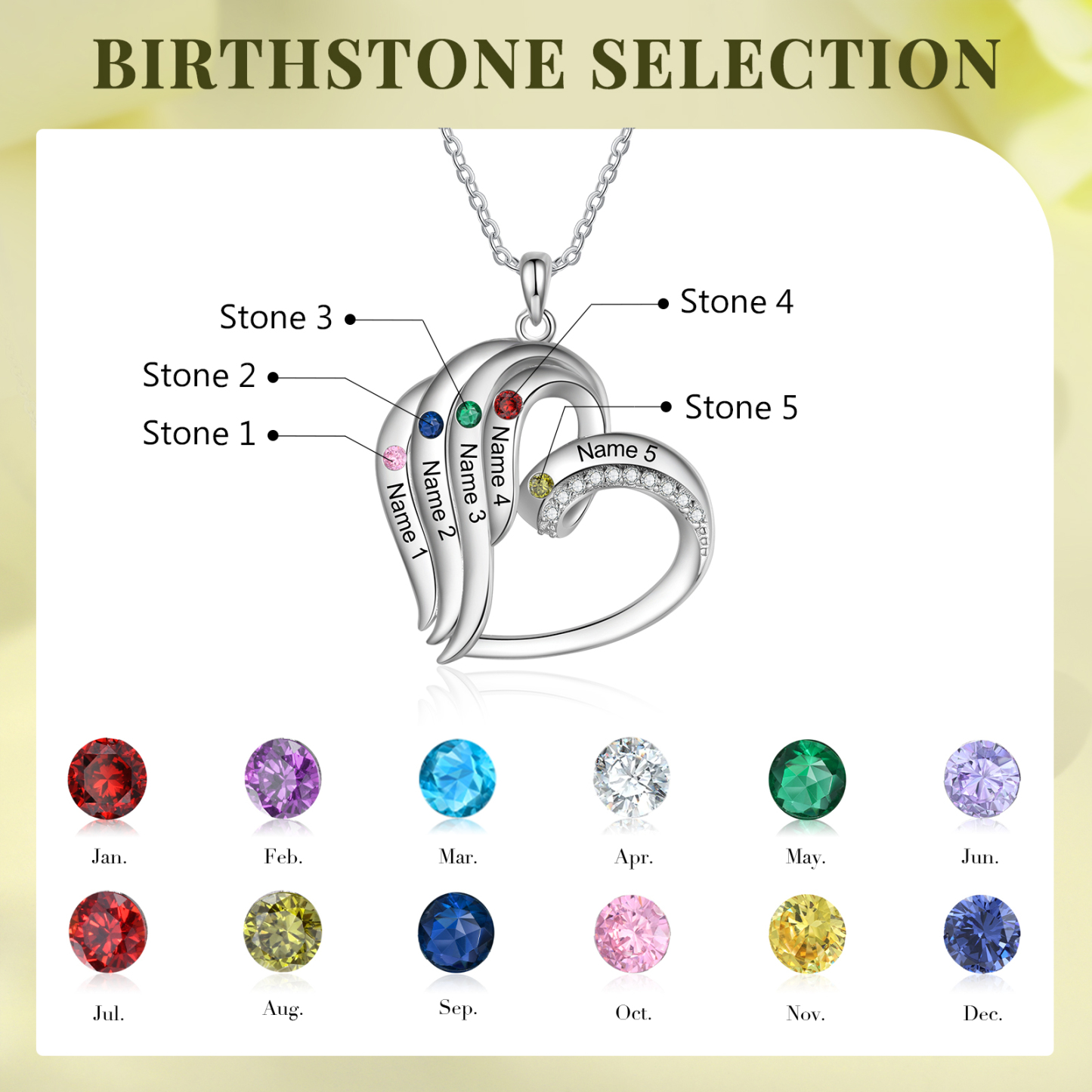 Personalised Heart Pendant Necklace Custom 5 Birthstones Engraved 5 Names Necklace Gift for Her-Jessemade AU