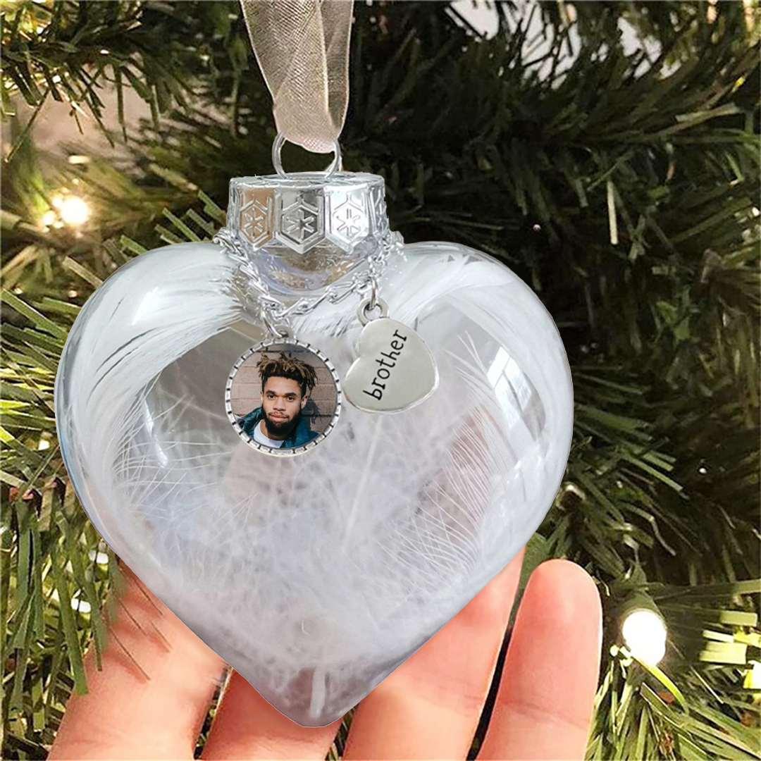 Personalised Christmas Heart Feather Ball Custom Photo Memorial Ornament-Jessemade AU