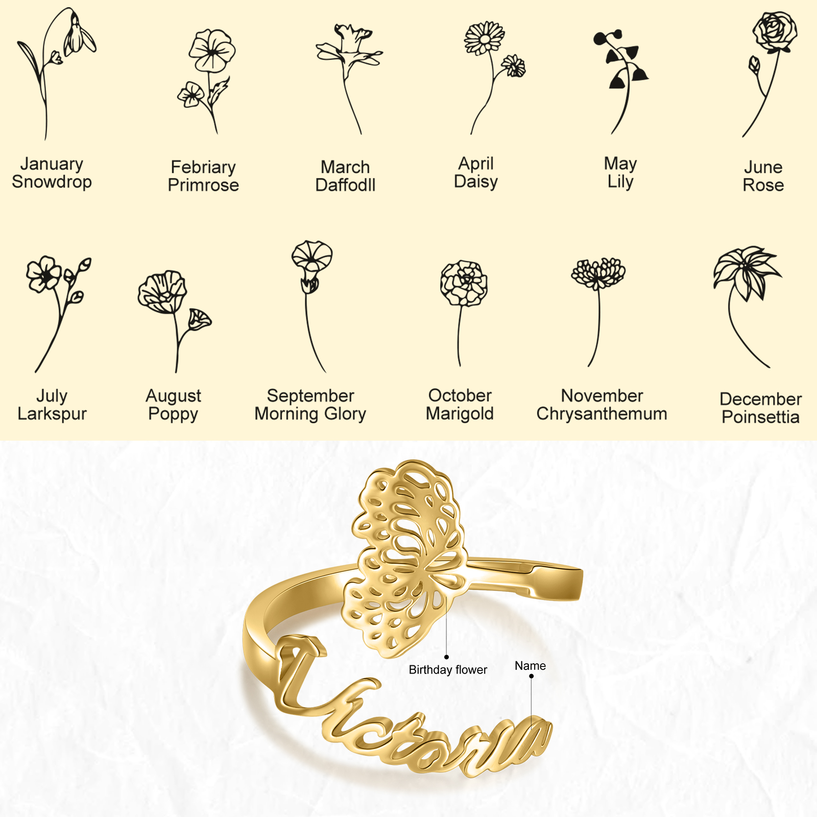 Personalised November Birth Flower Ring With Name Gifts For Her-Jessemade AU